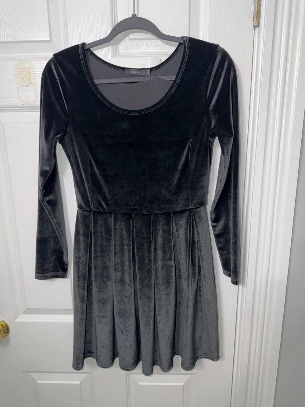 Talula Black Velvet Long Sleeve Pleated Skater Dress